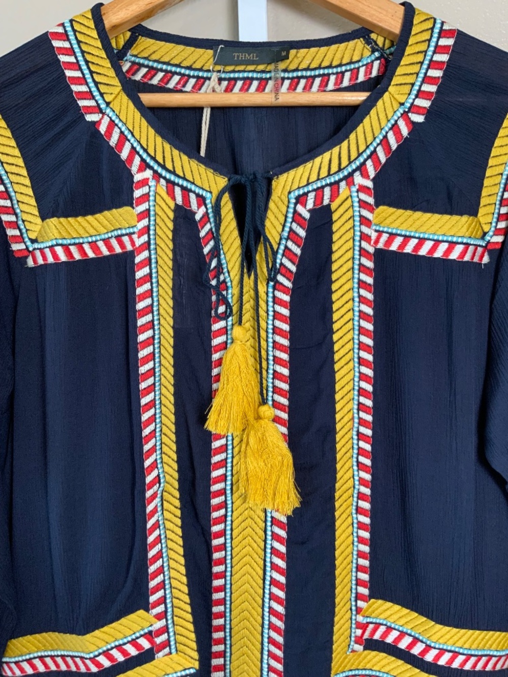 THML Embroidered Tassel Tie 3/4 Sleeve Top - Picture 4 of 16